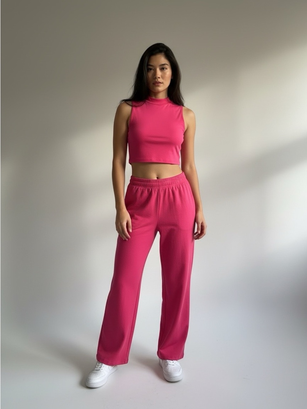 Women's Hot Pink Cropped Tank & Wide Leg Pants Set